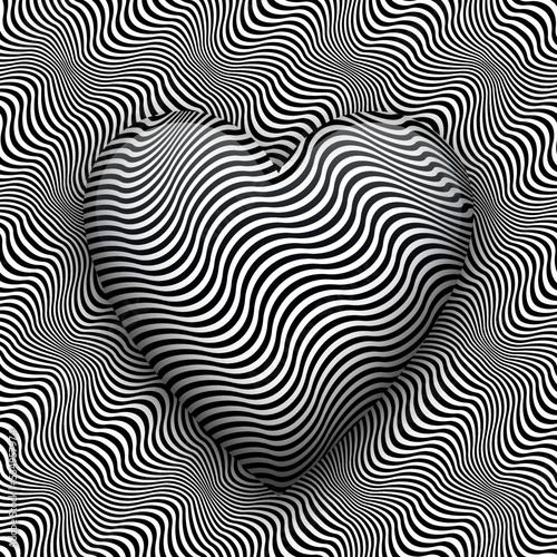 Trippy heart shape on wavy patterned surface. Vector black white optical art illustration.