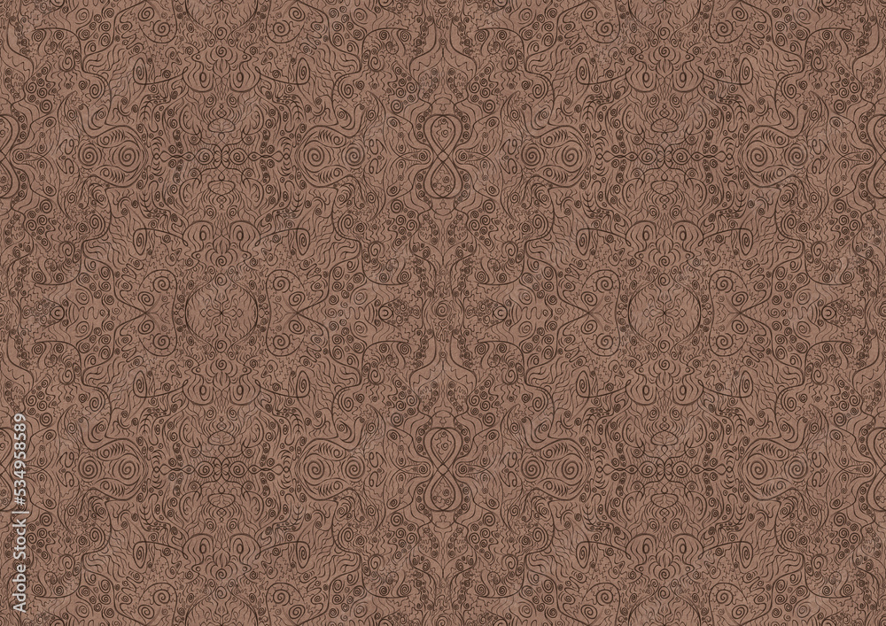 Fototapeta premium Hand-drawn unique abstract symmetrical seamless ornament. Brown on a light brown background. Paper texture. Digital artwork, A4. (pattern: p06b)