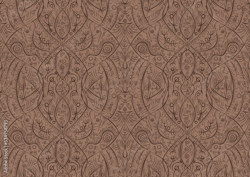 Hand-drawn unique abstract symmetrical seamless ornament. Brown on a light brown background. Paper texture. Digital artwork, A4. (pattern: p08-2b)