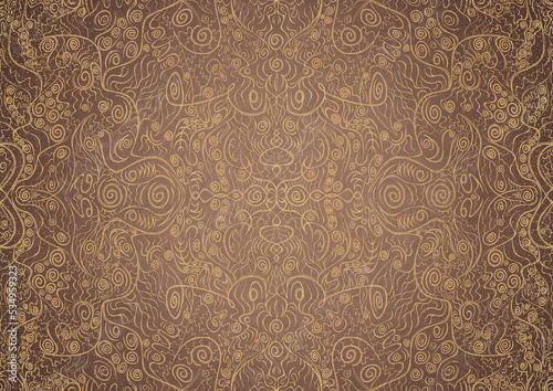 Hand-drawn unique abstract gold ornament on a light brown background, with vignette of darker background color and splatters of golden glitter. Paper texture. Digital artwork, A4. (pattern: p06a)