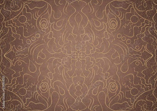 Hand-drawn unique abstract gold ornament on a light brown background, with vignette of darker background color and splatters of golden glitter. Paper texture. Digital artwork, A4. (pattern: p07-1a)