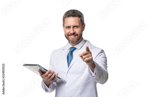 white coat doctor with tablet medical record point finger. medical record.