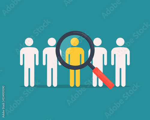 search job magnifying glass looking for employees icon. human resource management. staff selection symbol. recruitment and applicants concept. vector illustration in flat style