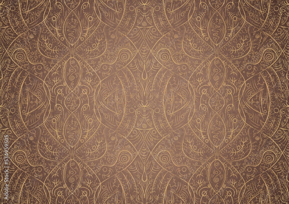 Hand-drawn unique abstract gold ornament on a light brown background, with vignette of darker background color and splatters of golden glitter. Paper texture. Digital artwork, A4. (pattern: p08-2b)