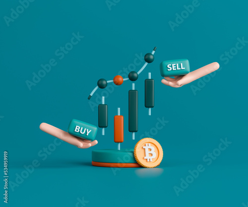 3d render concept cryptocurrency trading illustration. Candlestick chart with bitcoin on dark green background.