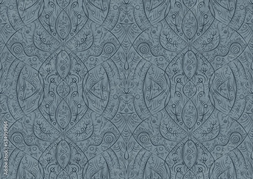 Hand-drawn unique abstract symmetrical seamless ornament. Dark blue on a light blue background. Paper texture. Digital artwork, A4. (pattern: p08-2b)