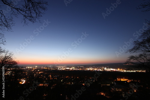 View over Aschaffenburg in Bavaria. View of the sunset on the horizon, great landscape with a city in winter