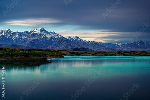 Mountains with snowy peaks on the shore of a beautiful lake. Abstract landscape. 3d illustration