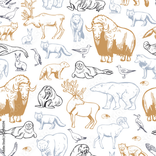  Vector pattern with northern animals and birds.