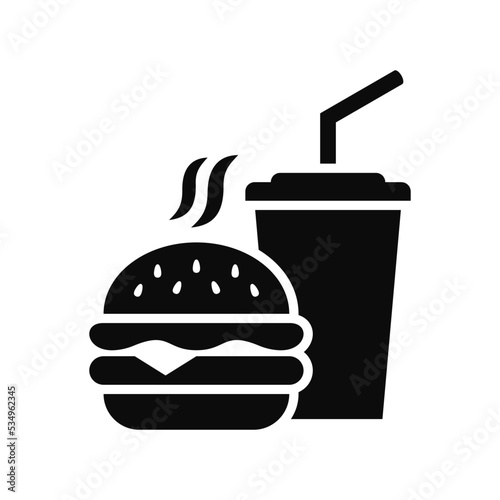 Fast food icon. Burger. Cheeseburger. Soft drink. Meal. Takeaway. Vector icon isolated on white background.