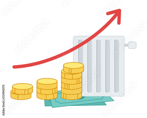 High prices for heating. Increase in household payments. Radiator with a stack of coins and an arrow. Rising prices for heating, energy problems.
