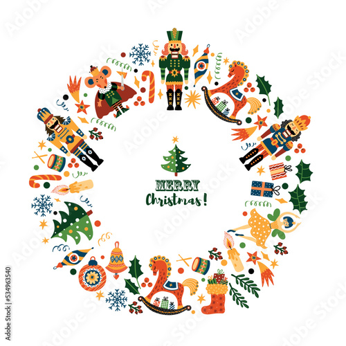 Christmas wreath with cute motifs from the ballet  Nutcracker.  Vector template. Retro design.