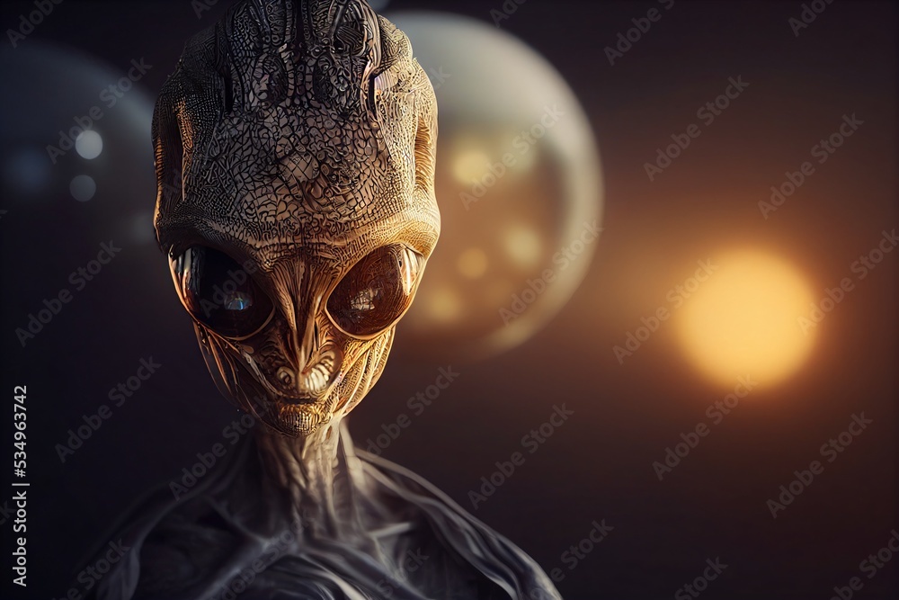 spooky futuristic alien with big eyes in the space, dark background ...