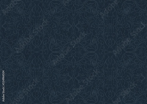 Hand-drawn unique abstract symmetrical seamless ornament. Light blue on a deep blue background. Paper texture. Digital artwork, A4. (pattern: p07-1b)