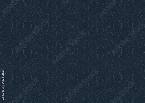 Hand-drawn unique abstract symmetrical seamless ornament. Light blue on a deep blue background. Paper texture. Digital artwork, A4. (pattern: p08-1c)