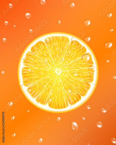 Orange slice with drops of juice. Orange juice drips. An element for your packaging design. Vector illustration. Realistic 3d vector illustration. Close-up.