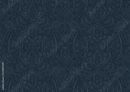 Hand-drawn unique abstract symmetrical seamless ornament. Light blue on a deep blue background. Paper texture. Digital artwork, A4. (pattern: p08-2b)
