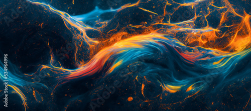 Spectacular image of blue and orange liquid ink churning together, with a realistic texture and great quality. Digital art 3D illustration. photo