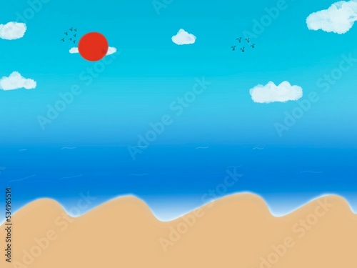 sea, blue sky, sunshine, and birds flying in the beautiful sky