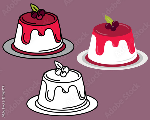 Colored and black outlined panna cotta italian dessert vector icon illustration.
