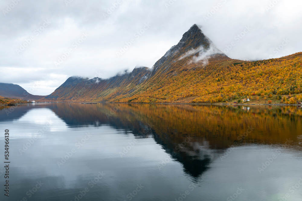 Early autumn morning in a fjord on a cloudy day, Norway.