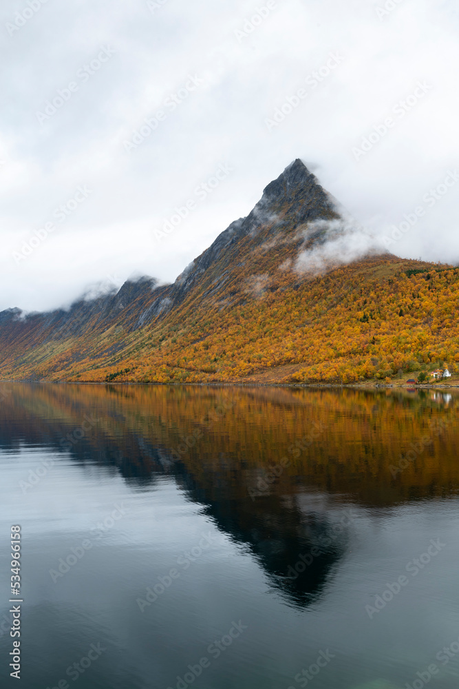Early autumn morning in a fjord on a cloudy day, Norway.