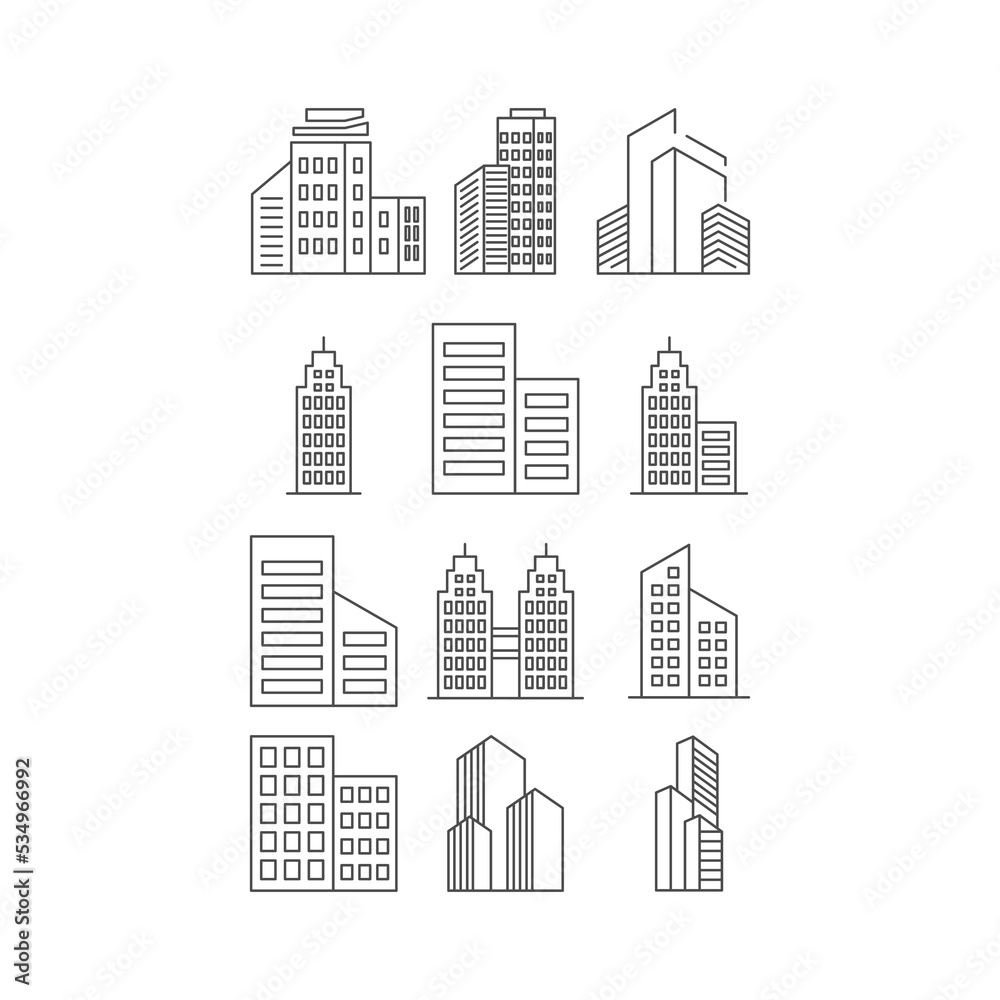 Buildings line icons in white background