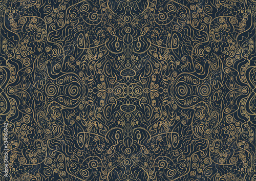 Hand-drawn unique abstract symmetrical seamless gold ornament on a deep blue background. Paper texture. Digital artwork, A4. (pattern: p06a)