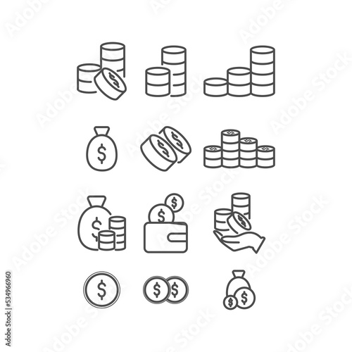  coins related line icon set. Coin linear icons. Money and currency outline