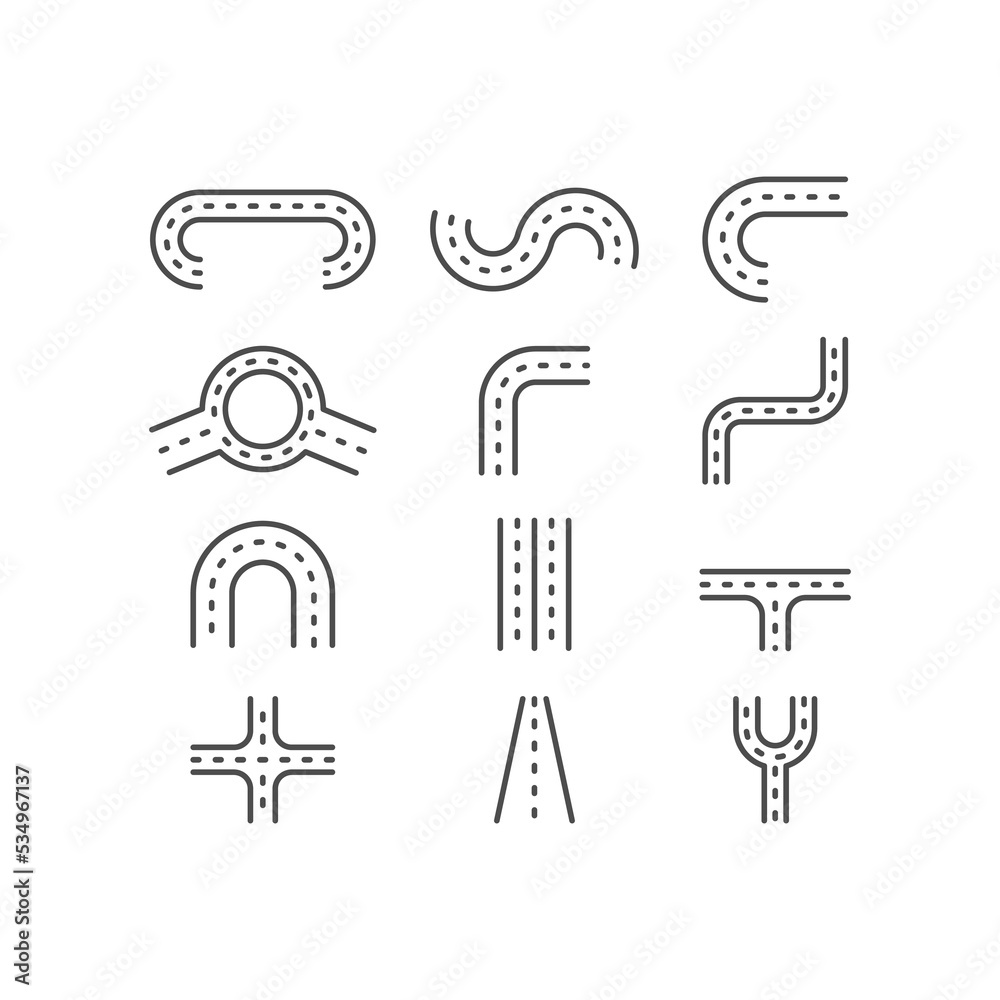 Roads icons set. Road forks icon. Road sections of different shapes Roads icons set. Road forks icon. Road sections of different shapes
