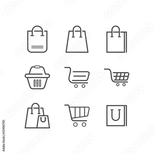 a set of bag and basket and shopping trolley icons on a white background