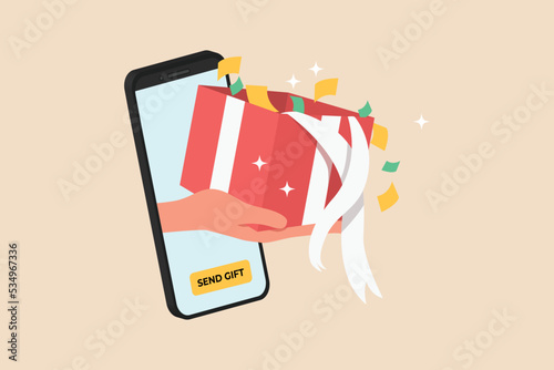 Hand pops out of the screen of a smartphone and hands a gift. Giving season go concept. Colored flat vector illustration.
