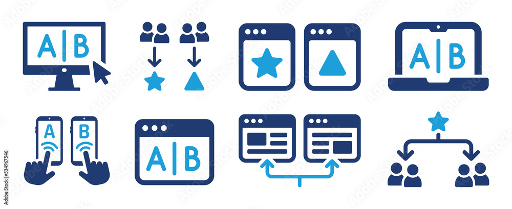 AB testing icon set. A or B split testing concept. Comparing test result between 2 page of the website. Conversion concept. AB testing icon set. A or B split testing concept. Comparing test result between 2 page of the website. Conversion concept.
