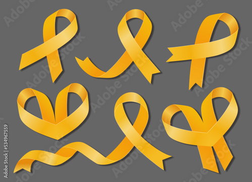 Endometriosis awareness month. Big set of yellow ribbons. Vector flat illustration.