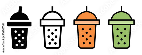 Ice bubble milk tea icon set. Boba milk tea or Pearl milk tea with tapioca balls symbol line and. Vector illustration.