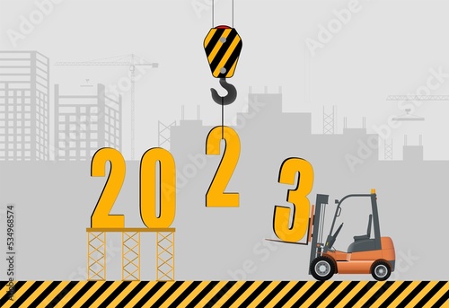 Installation of 2023 against the backdrop of a construction site.