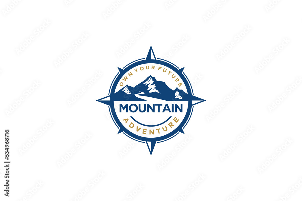 Mountain logo compass windrose design rounded shape rocky peak adventure outdoor