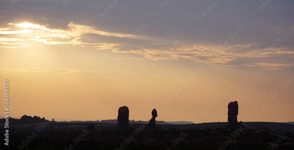 Arches national park sunset dramatic rock formations