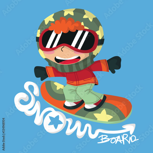 Funny snowboard kid, with a handmade text, winter illustration 