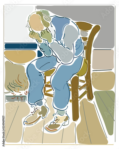 vector illustration of an old man sitting on a chair. sorrowing old man