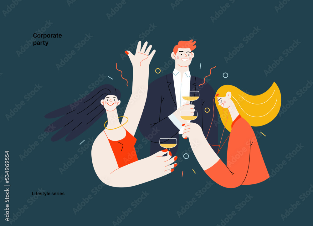 Lifestyle series - Corporate party - modern flat vector illustration of business people entertaining in the office at corporate, drinking champagne. People activities concept - obrazy, fototapety, plakaty 