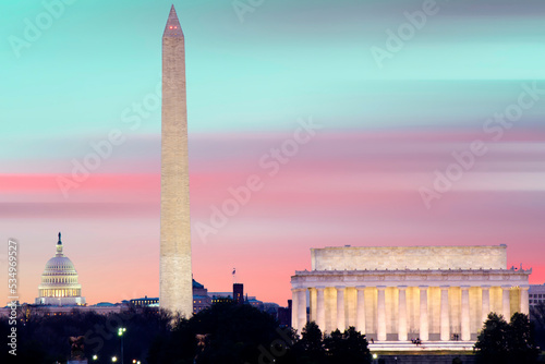 Washington DC skyline including Lincoln Memorial, Washington Monument, and The United States Capitol building	