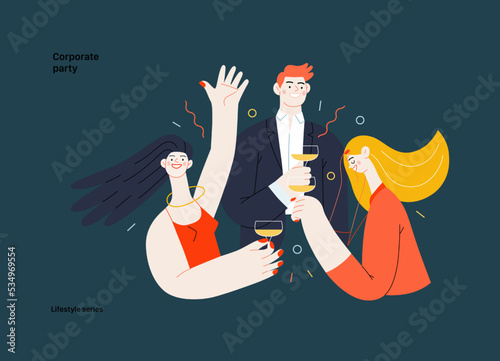 Lifestyle series - Corporate party - modern flat vector illustration of business people entertaining in the office at corporate, drinking champagne. People activities concept
