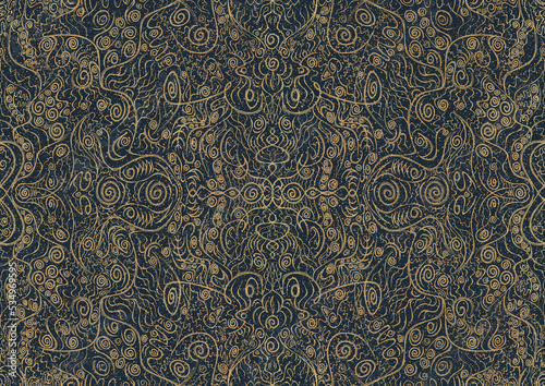 Hand-drawn unique abstract symmetrical seamless gold ornament with golden glittery splatter on a deep blue background. Paper texture. Digital artwork  A4.  pattern  p06a 