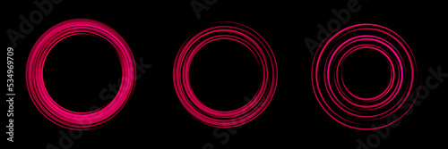 Gradient neon circle frame set. Line light. Glowing border isolated on dark background. Colorful night banner, vector light effect. Bright luminous form.