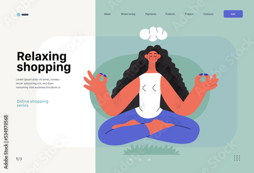 Relaxing shopping -Online shopping and electronic commerce web tamplate -modern flat vector concept illustration of meditating woman in lotus pose. Promotion, discounts, sale and online orders concept