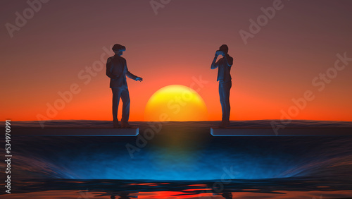 Fototapeta Naklejka Na Ścianę i Meble -  abyss figures of man and woman in virtual helmets at sunset
