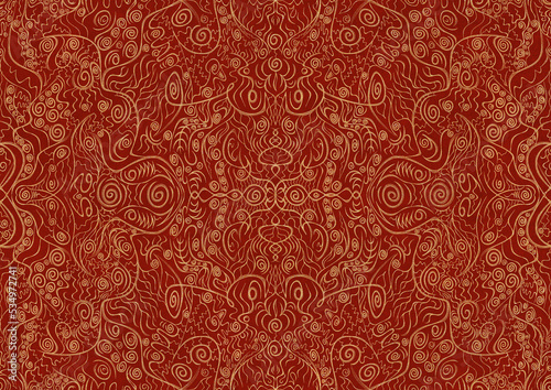 Hand-drawn unique abstract symmetrical seamless gold ornament on a bright red background. Paper texture. Digital artwork, A4. (pattern: p06a)
