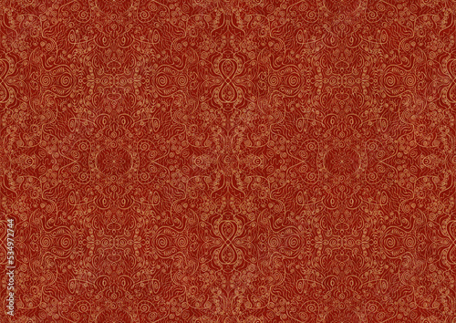 Hand-drawn unique abstract symmetrical seamless gold ornament on a bright red background. Paper texture. Digital artwork, A4. (pattern: p06b) © Maria