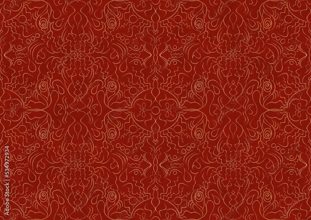 Hand-drawn unique abstract symmetrical seamless gold ornament on a bright red background. Paper texture. Digital artwork, A4. (pattern: p07-1b) Hand-drawn unique abstract symmetrical seamless gold ornament on a bright red background. Paper texture. Digital artwork, A4. (pattern: p07-1b)